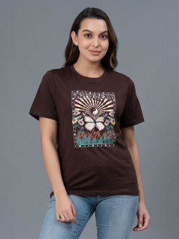 Mode by Red Tape - Dark Brown Graphic Pure Cotton Women T-Shirt