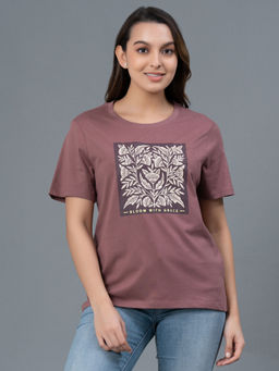 Mode by Red Tape - Mauve Graphic Pure Cotton Women T-Shirt