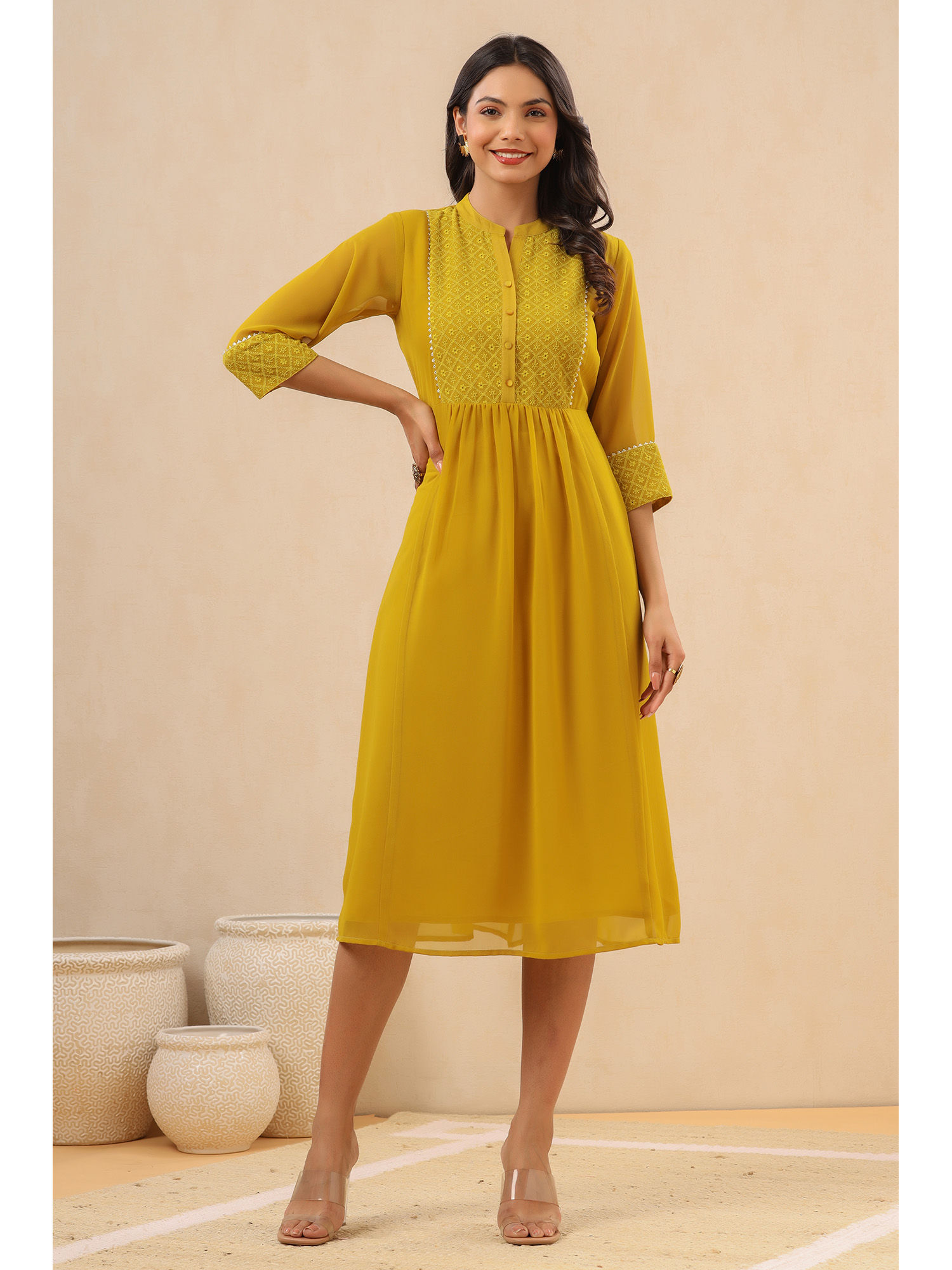 juniper Mustard Georgette Lacy Midi Dress with Yoke Embroidery & Show Buttons-picture-10