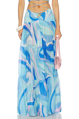 CINCIN - Song Lobster Women's Printed Tiered Maxi Skirt Blue