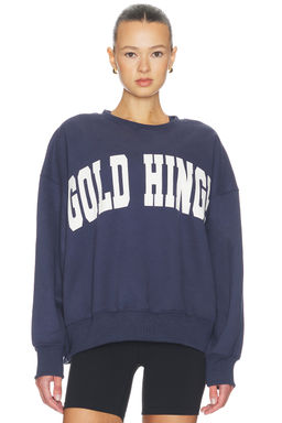 Gold Hinge - Women's Logo Print Fleece-Lined Pullover Sweatshirt Dark Denim