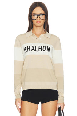 Khalhon - Coastal Stripe Women's Logo Detail Knit Polo Top Beige