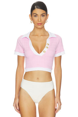 L'AGENCE - Cropped Polo Women's Crinkled Button Detail Rashguard Pink