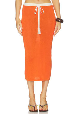 Leslie Amon - Noelle Women's Drawstring Knit Midi Skirt Orange