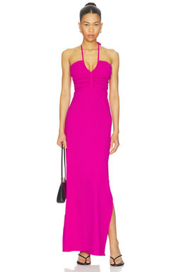 PQ - Recycled Ribbed Women's Ruched Halter Neck Maxi Dress Pink
