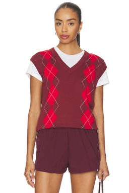 Varley - Ruben Women's Argyle V-Neck Knit Sweater Vest Maroon
