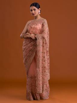 Koskii - Peach Embroidered Net Saree With Unstitched Blouse