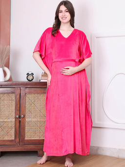 Secret Wish - Pink Solid Velvet Maternity Kaftan Full Length