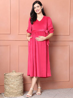 Secret Wish - Pink Solid Velour Maternity Dress Calf Length