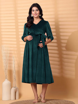 Secret Wish - Green Solid Velour Maternity Dress Calf Length