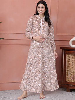 Secret Wish - Beige Printed Fur Woolen Maternity Nighty