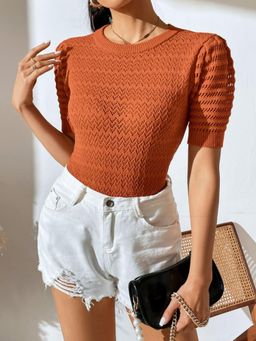 Oh Rare - Hollow Pullover Short-Sleeved Solid Color Women's Top