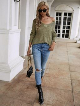 Oh Rare - V-Neck Women's Knitted Color Pullover Sweater Top