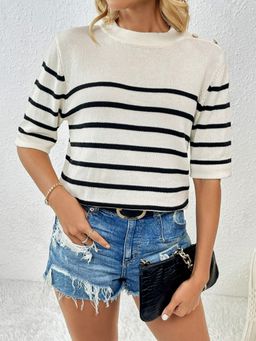Oh Rare - Button Splicing Pullover Striped Round Neck Short-Sleeved Women's Top