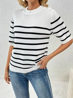 Oh Rare - Button Splicing Pullover Striped Round Neck Short-Sleeved Women's Top