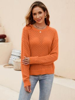 Oh Rare - Solid Color Hollow Pullover Round Neck Top