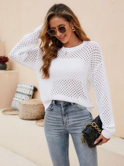Oh Rare - Solid Color Hollow Pullover Round Neck Top