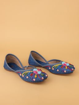 Alberto Torresi - Womens Blue Juttis with Colorful Floral Bead Embroidery