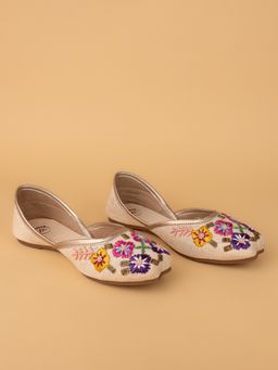 Alberto Torresi - Women’S Beige Juttis with Colorful Floral Bead Embroidery