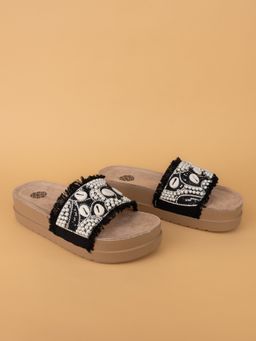 Alberto Torresi - Womens Pearl and Shell Black Embellished Slip-On Sandals