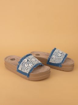 Alberto Torresi - Womens Pearl and Shell Blue Embellished Slip-On Sandals