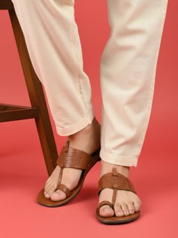PRIVO - Mens Tan Casual Solid One Toe Kolhapuri