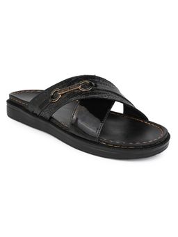 Alberto Torresi - Mens Black Criss-Cross Textured Sandals with Gold-Tone Horsebit