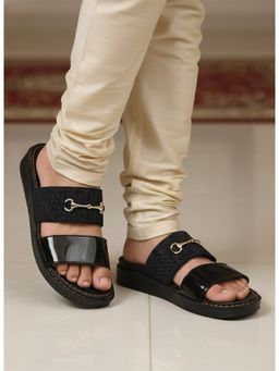 Alberto Torresi - Mens Black Patent Double Strap Slide Sandals with Metallic Horsebit Detail
