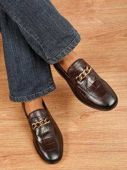Teakwood - Men Brown Croco Slip-On Loafers Leather
