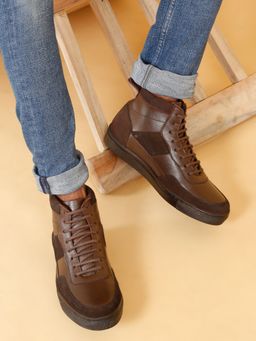 Teakwood - Mens Brown Leather Stylish High-Top Sneakers