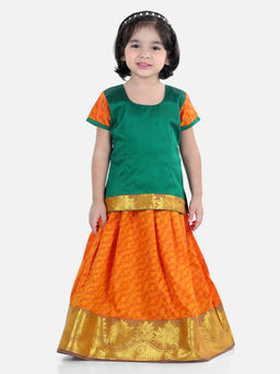BownBee - Girls Half Sleeve South Indian Pavda Pattu Lehenga - Green (Set of 2)