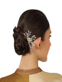 Accessher - Women Gold Plated Beaded Tiara Comb Indo Western White Floral Hair Accessories With Pearls
