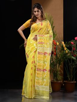 CHARUKRITI - Yellow Handwoven Saree with Floral Designs & Motifs