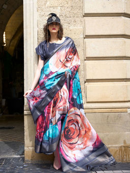Odette - Multi-Color Silk Blend Printed Saree with Unstitched Blouse