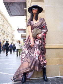 Odette - Mauve Silk Blend Printed Saree with Unstitched Blouse