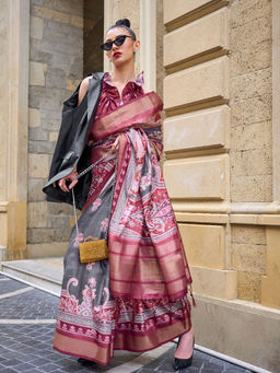 Odette - Grey Silk Blend Printed Saree with Unstitched Blouse