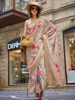 Odette - Beige Floral Printed Saree with Unstitched Blouse