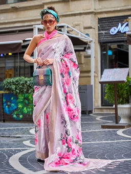 Odette - Purple Floral Printed Saree with Unstitched Blouse