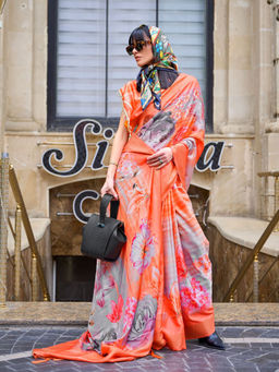 Odette - Orange Silk Blend Printed Saree with Unstitched Blouse