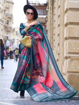 Odette - Teal Blue Silk Blend Printed Saree with Unstitched Blouse