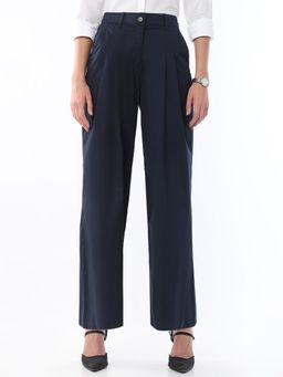 Gazillion - Women Navy Blue Cotton Pleated Wide Trouser