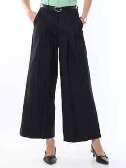 Gazillion - Women Black Cotton Pleated Wide Trouser