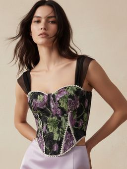 Outzidr - Black Sweetheart Printed Corset Top