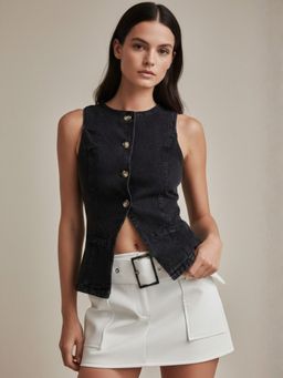 Outzidr - Black Front Buttoned Denim Vest Top