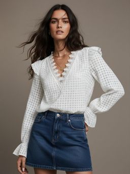 Outzidr - White Bishop Sleeve Lace Detail Top