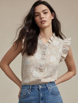 Outzidr - Beige Ruffle Neckline Textured Fabric Top