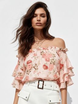 Outzidr - Peach Off Shoulder Floral Printed Ruffle Sleeve Top