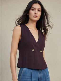 Outzidr - Brown Wrap Buttoned Up Vest Top