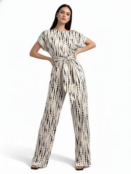 Outzidr - Women Beige Polyester Geometric Jumpsuit