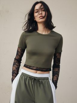 Outzidr - Olive Lace Sleeve Fitted Top